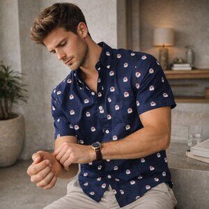 Tipsy Elves Navy Button-Down Shirt with Patriotic Eagle Print – Size XL